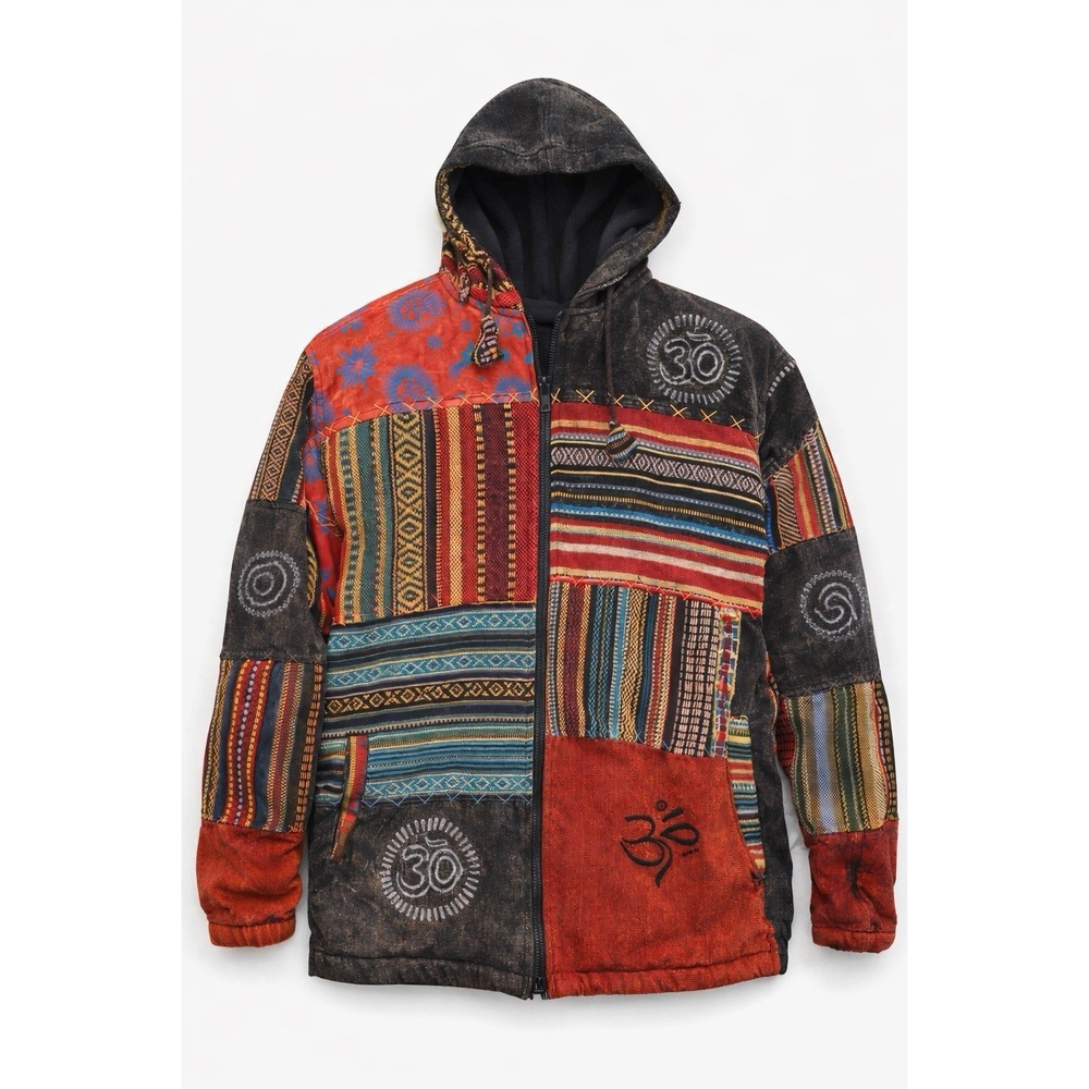 Handmade Nepal Jacket Unisex L Patchwork Festival Om Boho Hippie Hoodie‎ Fleece